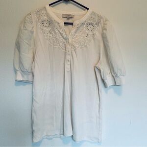 Floral Lace Off-White Ribbed Women’s Buttoned Top Puff Sleeves Loft
